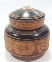Mexican Carved Etched Wood Trinket Dish Box with Hat Lid and Small White Feet 3 1/4" Tall