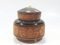 Mexican Carved Etched Wood Trinket Dish Box with Hat Lid and Small White Feet 3 1/4" Tall