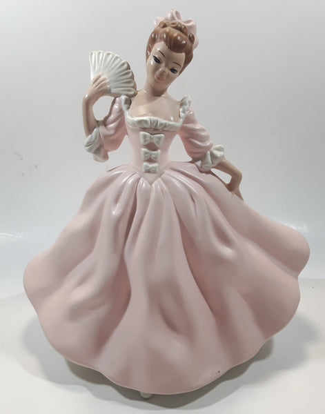 Vintage LJ Lady Jane with Hand Fan Pink Hand Painted 9 1/2" Tall Ceramic Figurine Statue