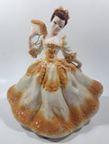 Vintage LJ Lady Jane with Hand Fan White and Orange Yellow Frilled Hand Painted 9 1/2" Tall Ceramic Figurine Statue