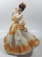 Vintage LJ Lady Jane with Hand Fan White and Orange Yellow Frilled Hand Painted 9 1/2" Tall Ceramic Figurine Statue