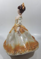 Vintage LJ Lady Jane with Hand Fan White and Orange Yellow Frilled Hand Painted 9 1/2" Tall Ceramic Figurine Statue