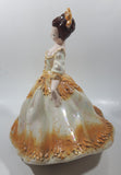 Vintage LJ Lady Jane with Hand Fan White and Orange Yellow Frilled Hand Painted 9 1/2" Tall Ceramic Figurine Statue