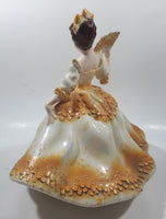 Vintage LJ Lady Jane with Hand Fan White and Orange Yellow Frilled Hand Painted 9 1/2" Tall Ceramic Figurine Statue