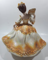 Vintage LJ Lady Jane with Hand Fan White and Orange Yellow Frilled Hand Painted 9 1/2" Tall Ceramic Figurine Statue