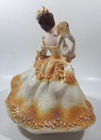 Vintage LJ Lady Jane with Hand Fan White and Orange Yellow Frilled Hand Painted 9 1/2" Tall Ceramic Figurine Statue