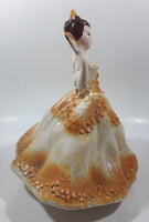 Vintage LJ Lady Jane with Hand Fan White and Orange Yellow Frilled Hand Painted 9 1/2" Tall Ceramic Figurine Statue