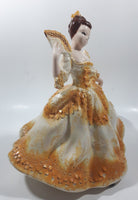 Vintage LJ Lady Jane with Hand Fan White and Orange Yellow Frilled Hand Painted 9 1/2" Tall Ceramic Figurine Statue