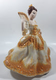 Vintage LJ Lady Jane with Hand Fan White and Orange Yellow Frilled Hand Painted 9 1/2" Tall Ceramic Figurine Statue