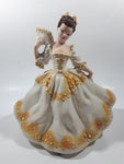 Vintage LJ Lady Jane with Hand Fan White and Orange Yellow Frilled Hand Painted 9 1/2" Tall Ceramic Figurine Statue