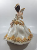 Vintage LJ Lady Jane with Hand Fan White and Orange Yellow Frilled Hand Painted 9 1/2" Tall Ceramic Figurine Statue