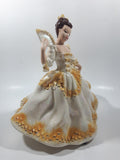 Vintage LJ Lady Jane with Hand Fan White and Orange Yellow Frilled Hand Painted 9 1/2" Tall Ceramic Figurine Statue