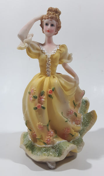 Lady in Yellow Dress with Pink Flowers 5 3/4" Tall Light Weight Resin Figurine