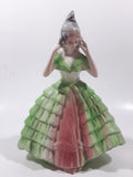 Vintage Lady in Green and Pink Dress with Grey Bonnet 7 3/4" Tall Porcelain Figurine