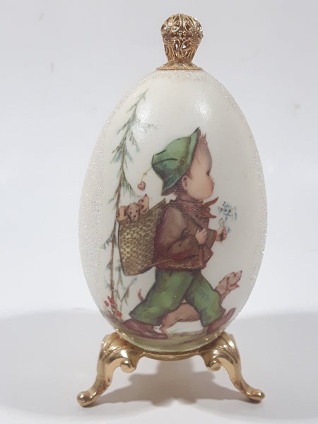 Vintage Hummel Style Boy with Dog and Bag of Puppies 4 1/2" Tall Porcelain Egg On Gold Tone Metal Stand