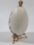 Vintage Hummel Style Boy with Dog and Bag of Puppies 4 1/2" Tall Porcelain Egg On Gold Tone Metal Stand