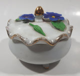 Vintage Giftcraft Blue Pansy Flower Fine China White Porcelain Footed Trinket Dish With Lid Gold Speckled Trim Made in Japan