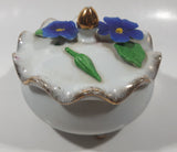 Vintage Giftcraft Blue Pansy Flower Fine China White Porcelain Footed Trinket Dish With Lid Gold Speckled Trim Made in Japan