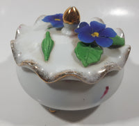 Vintage Giftcraft Blue Pansy Flower Fine China White Porcelain Footed Trinket Dish With Lid Gold Speckled Trim Made in Japan