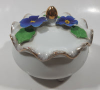 Vintage Giftcraft Blue Pansy Flower Fine China White Porcelain Footed Trinket Dish With Lid Gold Speckled Trim Made in Japan