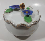 Vintage Giftcraft Blue Pansy Flower Fine China White Porcelain Footed Trinket Dish With Lid Gold Speckled Trim Made in Japan