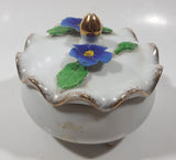 Vintage Giftcraft Blue Pansy Flower Fine China White Porcelain Footed Trinket Dish With Lid Gold Speckled Trim Made in Japan