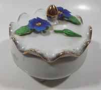 Vintage Giftcraft Blue Pansy Flower Fine China White Porcelain Footed Trinket Dish With Lid Gold Speckled Trim Made in Japan