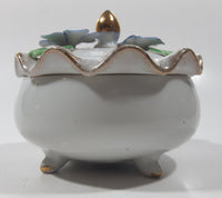 Vintage Giftcraft Blue Pansy Flower Fine China White Porcelain Footed Trinket Dish With Lid Gold Speckled Trim Made in Japan