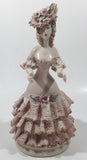 Lady in Flower Hat and Pink Frilled Dress with Gold Trim 7" Tall Porcelain Figurine (Chips)