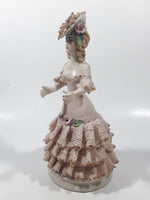 Lady in Flower Hat and Pink Frilled Dress with Gold Trim 7" Tall Porcelain Figurine (Chips)