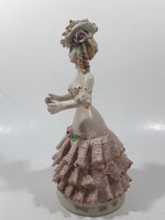 Lady in Flower Hat and Pink Frilled Dress with Gold Trim 7" Tall Porcelain Figurine (Chips)