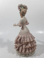 Lady in Flower Hat and Pink Frilled Dress with Gold Trim 7" Tall Porcelain Figurine (Chips)