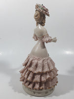 Lady in Flower Hat and Pink Frilled Dress with Gold Trim 7" Tall Porcelain Figurine (Chips)