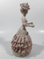 Lady in Flower Hat and Pink Frilled Dress with Gold Trim 7" Tall Porcelain Figurine (Chips)