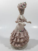 Lady in Flower Hat and Pink Frilled Dress with Gold Trim 7" Tall Porcelain Figurine (Chips)