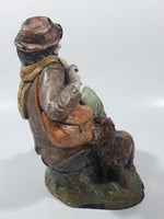 Vintage Naturecraft Mold "Naughty Naughty" Man Sitting On Wall with Brown Dog Chalkware Sculpture 6 3/4" Tall