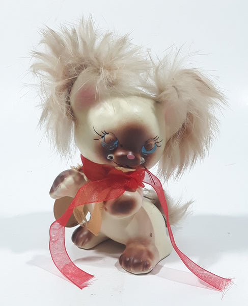 Vintage 1950s Enesco Freddie The Furry Kitten Cat with Fur Hair and Red Bow " Tall Porcelain Figurine Made in Japan