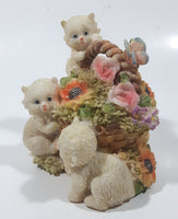 Three White Cats Climbing on Flower Basket with Butterfly on Handle 4" Tall Resin Figurine