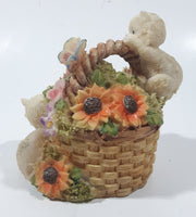 Three White Cats Climbing on Flower Basket with Butterfly on Handle 4" Tall Resin Figurine