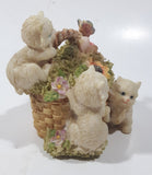 Three White Cats Climbing on Flower Basket with Butterfly on Handle 4" Tall Resin Figurine