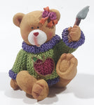 Brown Teddy Bear in Green Purple Sweater with Apple Design Holding Spade Shovel 4" Tall Hand Painted Ceramic Ornament