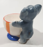 Elephant Holding Large Striped Popcorn Cup 3 1/4" Tall Hand Painted Ceramic Egg Cup