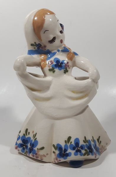 Vintage 1940s Delee Nina Art Pottery Girl In White Dress with Blue Flower 7" Tall Ceramic Tooth or Makeup Brush Holder Figurine