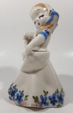 Vintage 1940s Delee Nina Art Pottery Girl In White Dress with Blue Flower 7" Tall Ceramic Makeup Brush Holder Figurine