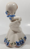 Vintage 1940s Delee Nina Art Pottery Girl In White Dress with Blue Flower 7" Tall Ceramic Makeup Brush Holder Figurine