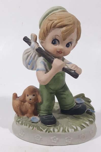 Vintage Cute Boy Holding Stick Bag with Puppy Dog 4" Tall Porcelain Figurine