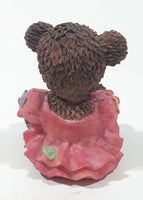 Dark Brown Teddy Bear Sitting In Pink Dress Holding Snake Formed As The Letter G 3 1/2" Tall Resin Figurine