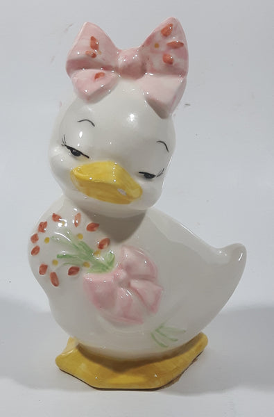 White Duck with Pink Bow and Pink Flower Design 5" Tall Porcelain Figurine