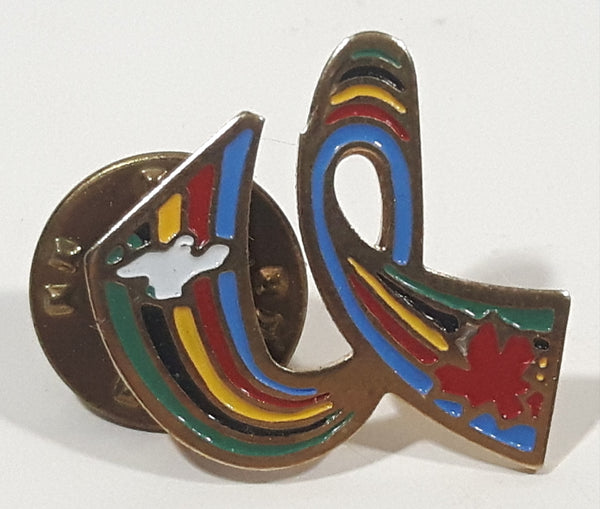 FISU International University Sports Federation Dove and Red Canadian Maple Leaf on Gold Tone Rainbow Ribbon Enamel Metal Lapel Pin