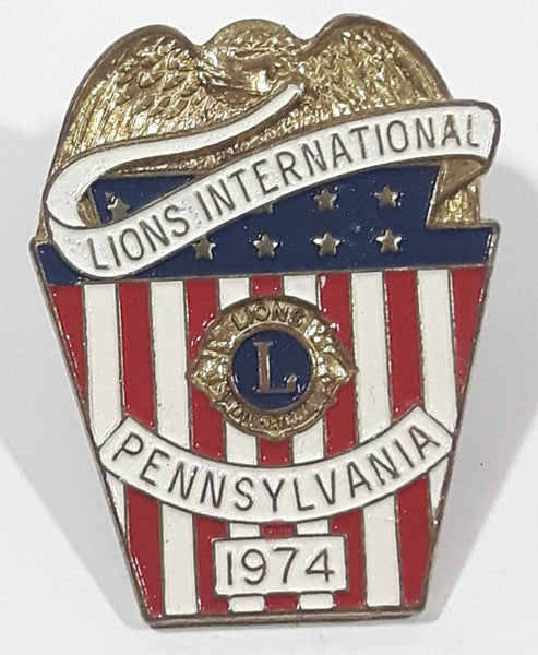 Vintage 1974 Lions Club International Pennsylvania Bald Eagle on Top of American Flag Banner Themed 7/8" x 1 1/8" Enamel Metal Lapel Pin